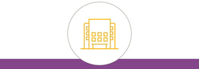 Gold icon of a hospital above a purple bottom border.