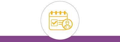 Gold icon of a calendar with doctor above a purple bottom border