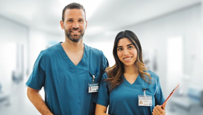 Two nurses standing in a hospital hallway.