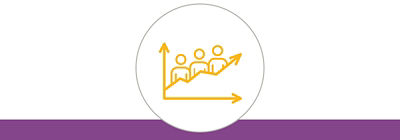Gold icon of three people positioned along an upward-trending arrow above a purple bottom border