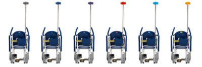 Row of six hospital patient transport wheelchairs 