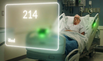 patient in procuity connected bed with graphic overlay showing room notification