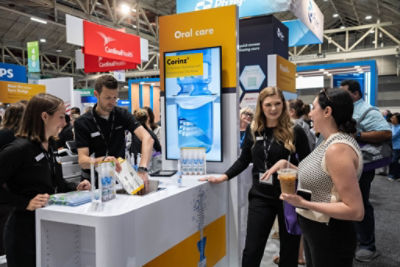 Stryker sales reps demonstrating Sage Oral Care products to visitors at a tradeshow