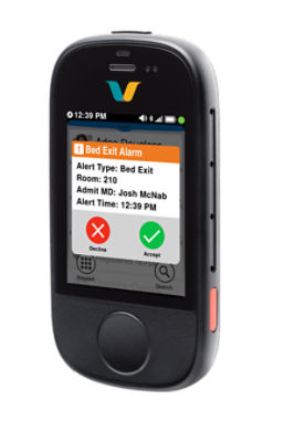 Vocera Smartbadge alarm with context feature shown on badge screen