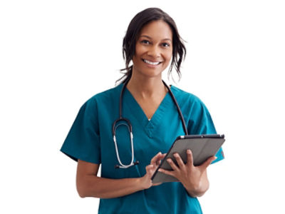 smiling nurse with ipad