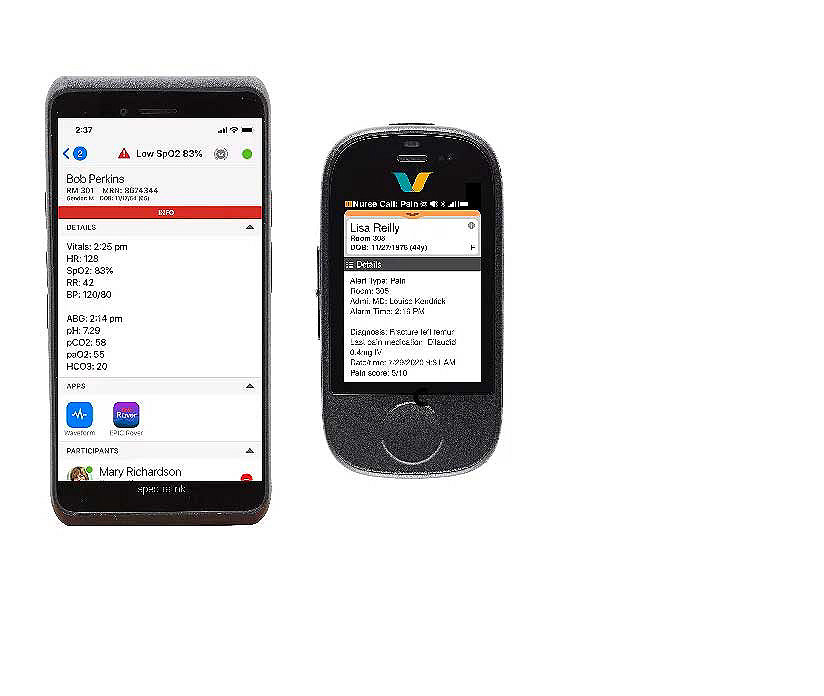 Vocera mobile app and smartbadge device screens