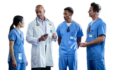 doctor with nurses using Vocera badges and devices