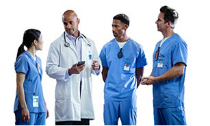 doctor with nurses using Vocera badges and devices
