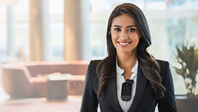 business woman in black suit wearing Vocera Smartbadge