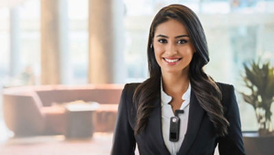 business woman in black suit wearing Sync Badge